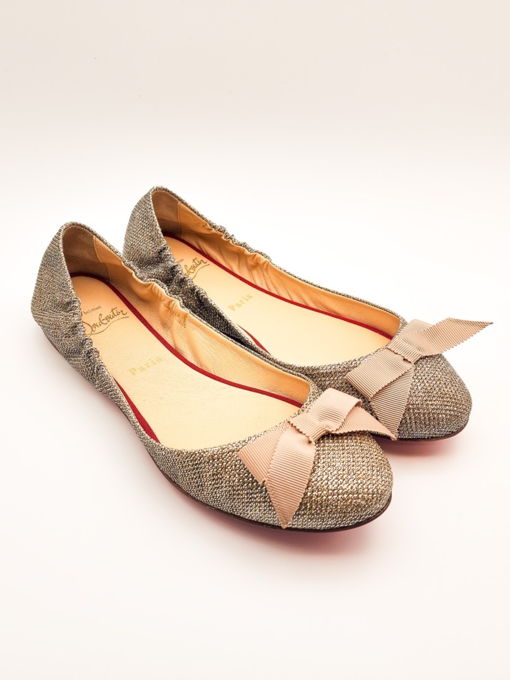 Christian Louboutin Gloriana Glittered Gold Ballet Bow Flats EU 37.5